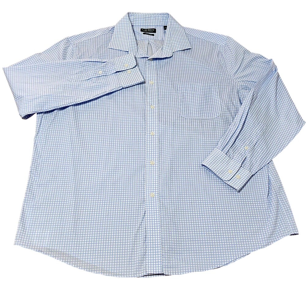 Lauren Ralph Lauren Shirt Mens 18 34/35 2XL Blue Gingham Stretch Long Sleeve